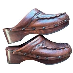 RARE Vintage 1970's  Leather and Wood Clogs from Brazil - Size 10